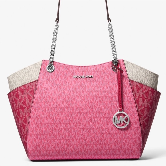 Michael Kors LG Jet Set Color-Block Signature Logo Shoulder Bag Dark Raspberry - Picture 1 of 10